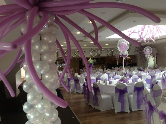 Prom balloon decorations - purple and white