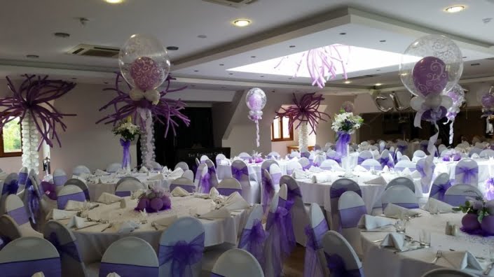 Prom balloon decorations - purple and white table décor