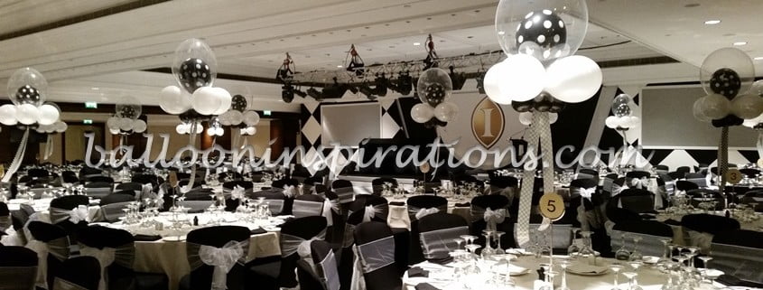 Black and white themed balloon decorations - overview