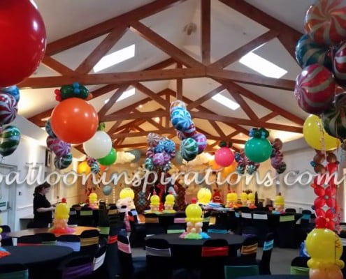 Candy Land themed balloon decorations - view from the back