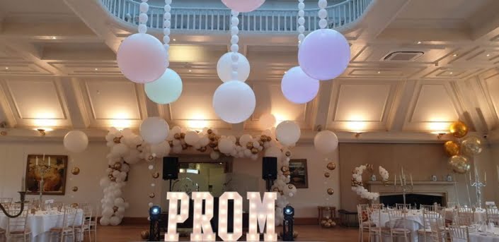 Prom ceiling balloon décor - Lit and Suspended jumbo balloons