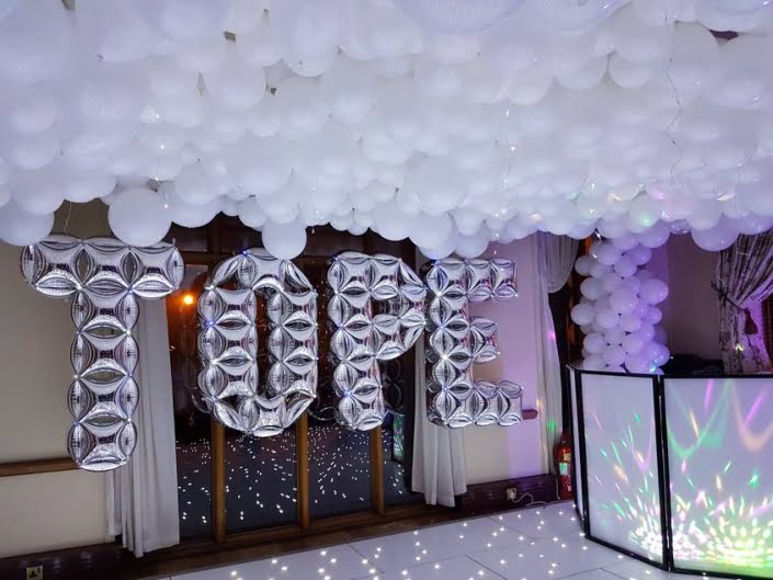 Themed 50th Birthday balloon party decorations - Winter wonderland balloon clouds