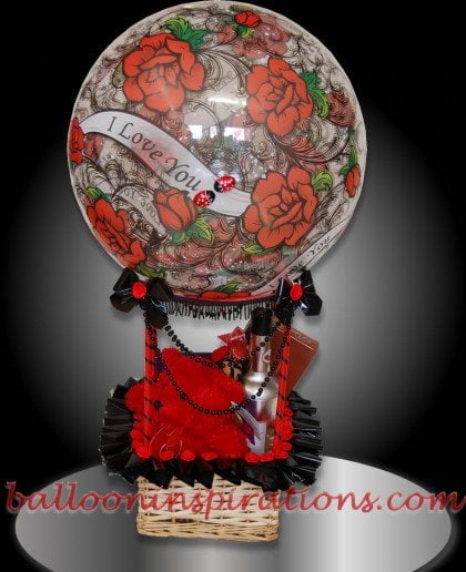 Valentines gift Baskets - black and red theme with large balloon saying "I love You"